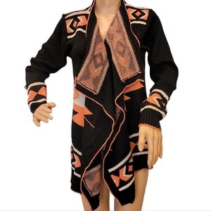 Sisters M/L Black Orange Aztec Print Open‎ Front Sweater Cardiagan